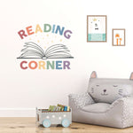Reading Corner Wall Decal with Book graphic and stars. Muted Rainbow color scheme.