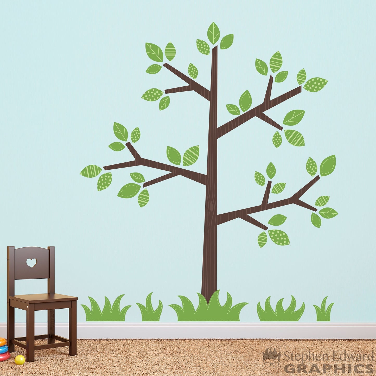 Tree with leaves and grass wall decal set.