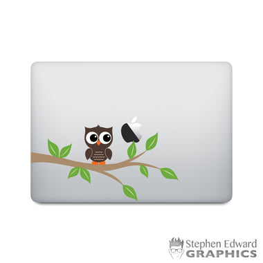 Owl on a branch design for a laptop decal. Brown owl, tan and green branch.