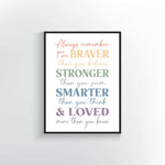 Always remember you are Braver than you believe Stronger than you seem Smarter than you think & Loved more than you know quote. Wall Print & Poster design. Children Wall Art. Muted Rainbow colors.