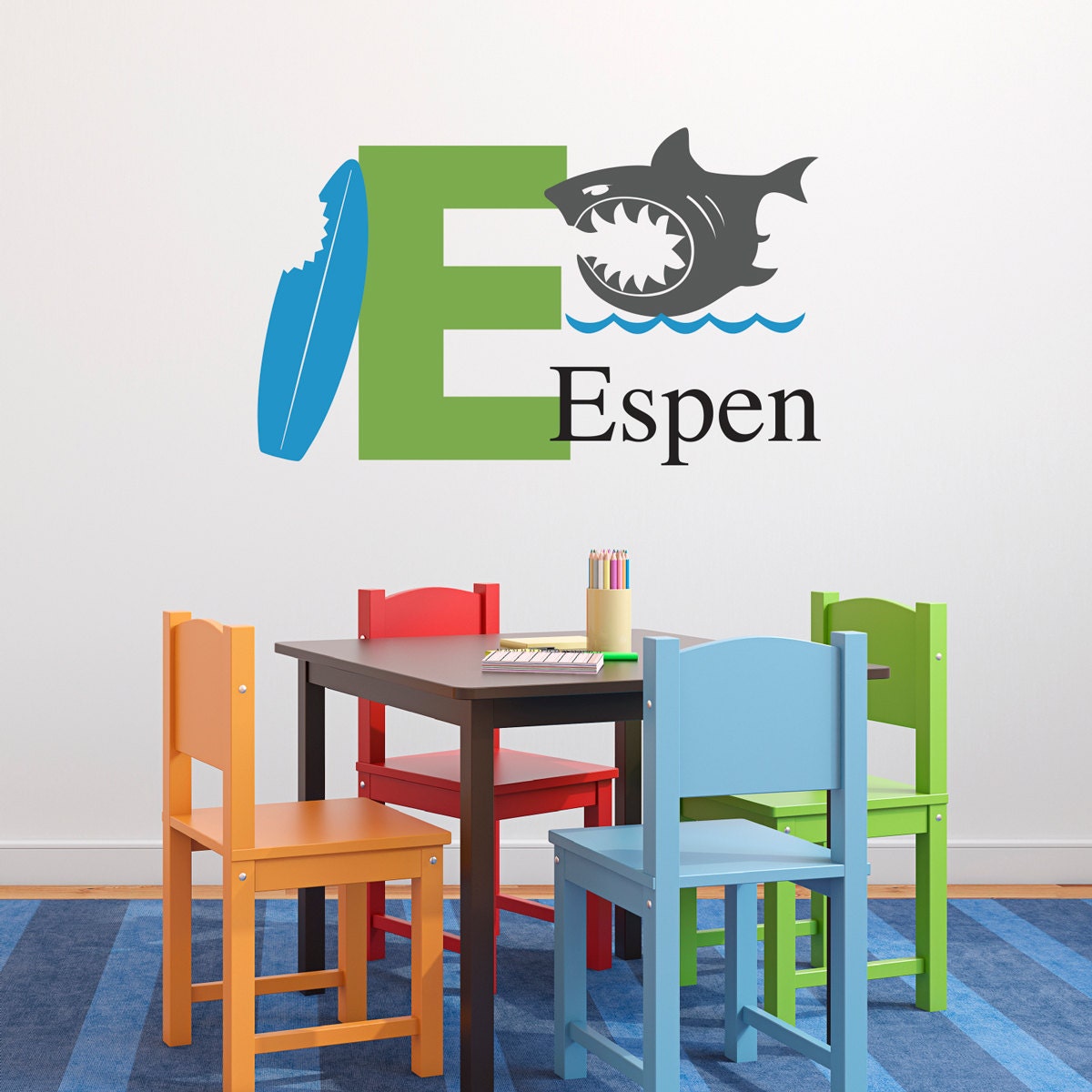 Shark Wall Decal Set - Initial Name Personalized Wall Decal - Boy Bedroom Wall Art - Medium