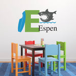 Shark Wall Decal Set - Initial Name Personalized Wall Decal - Boy Bedroom Wall Art - Medium