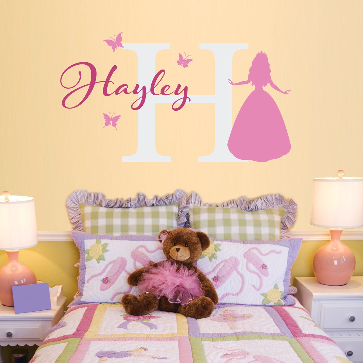 Princess Decal with Initial and Butterflies - Personalized Wall Decal - Initial Girls Name Princess Decal Set - Large