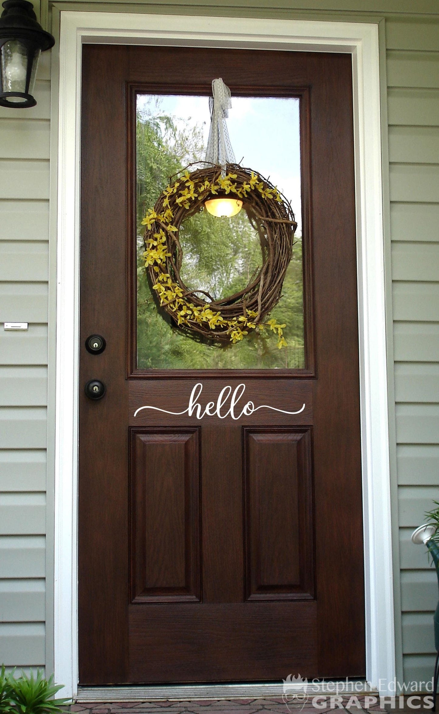 Hello Door Decal. Script font with flourish.