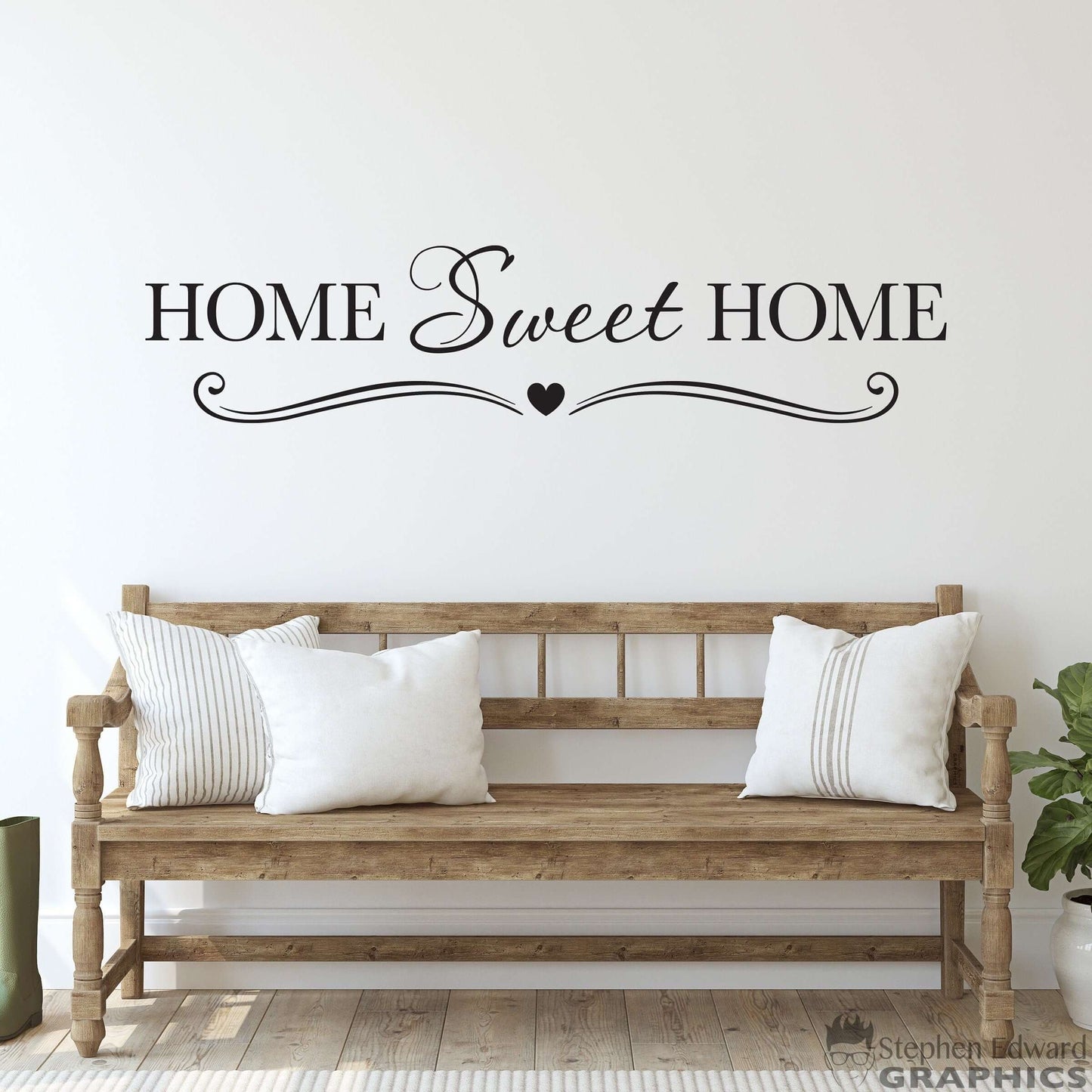 Home Sweet Home Wall Decal with scroll flourish heart design