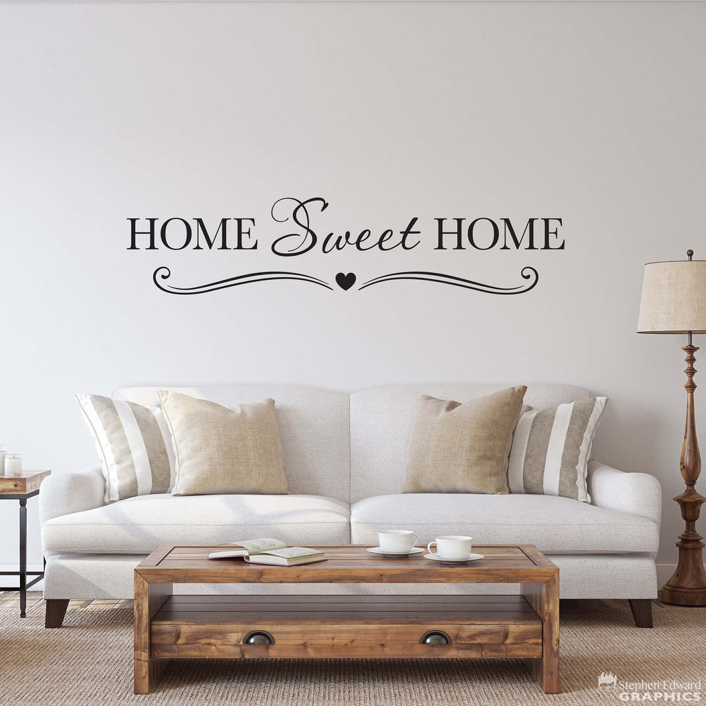 Home Sweet Home Decal with scroll heart flourish | Entryway or Living Room Wall Art