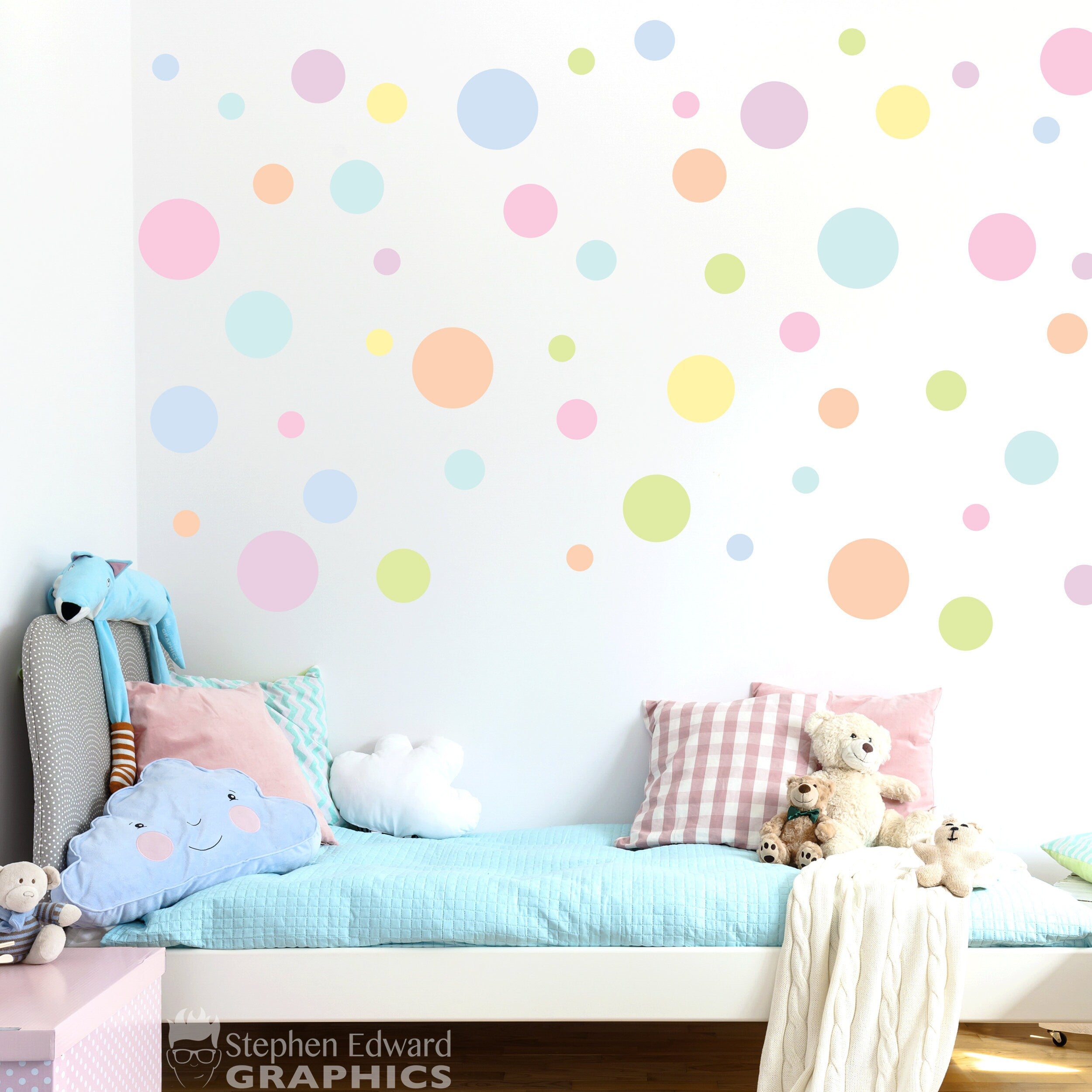 Polka dot wall decal set. Pastel rainbow colors. Kid bedroom decor.