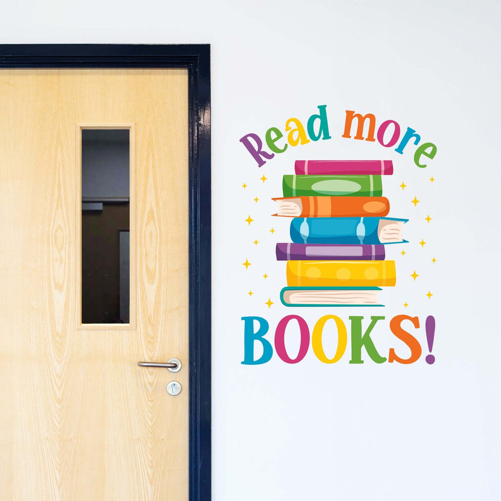 Read more Books Wall Decal. Stack of books with sparkles. Colorful letters. Classroom Decor.