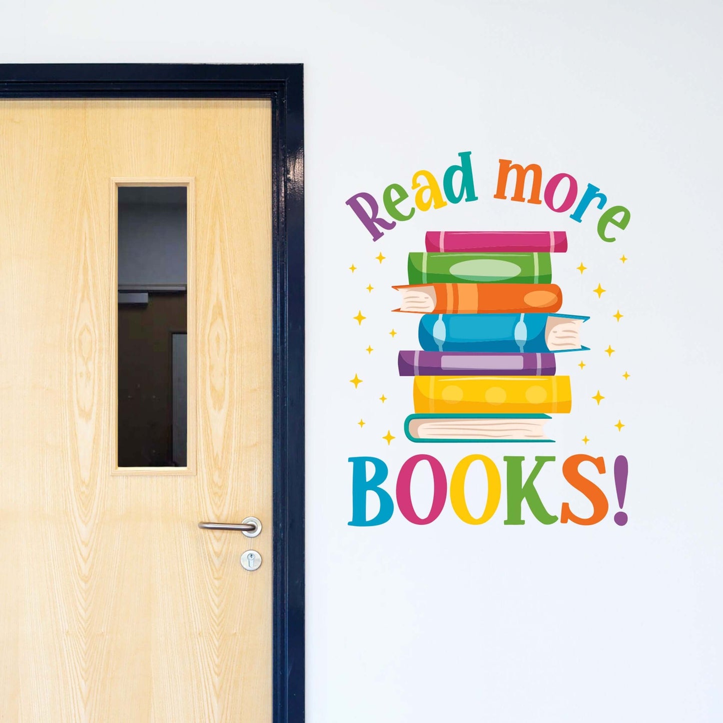 Read more Books Wall Decal. Stack of books with sparkles. Colorful letters. Classroom Decor.