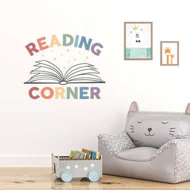 Reading Corner Wall Decal with Book graphic and stars. Muted Rainbow color scheme.