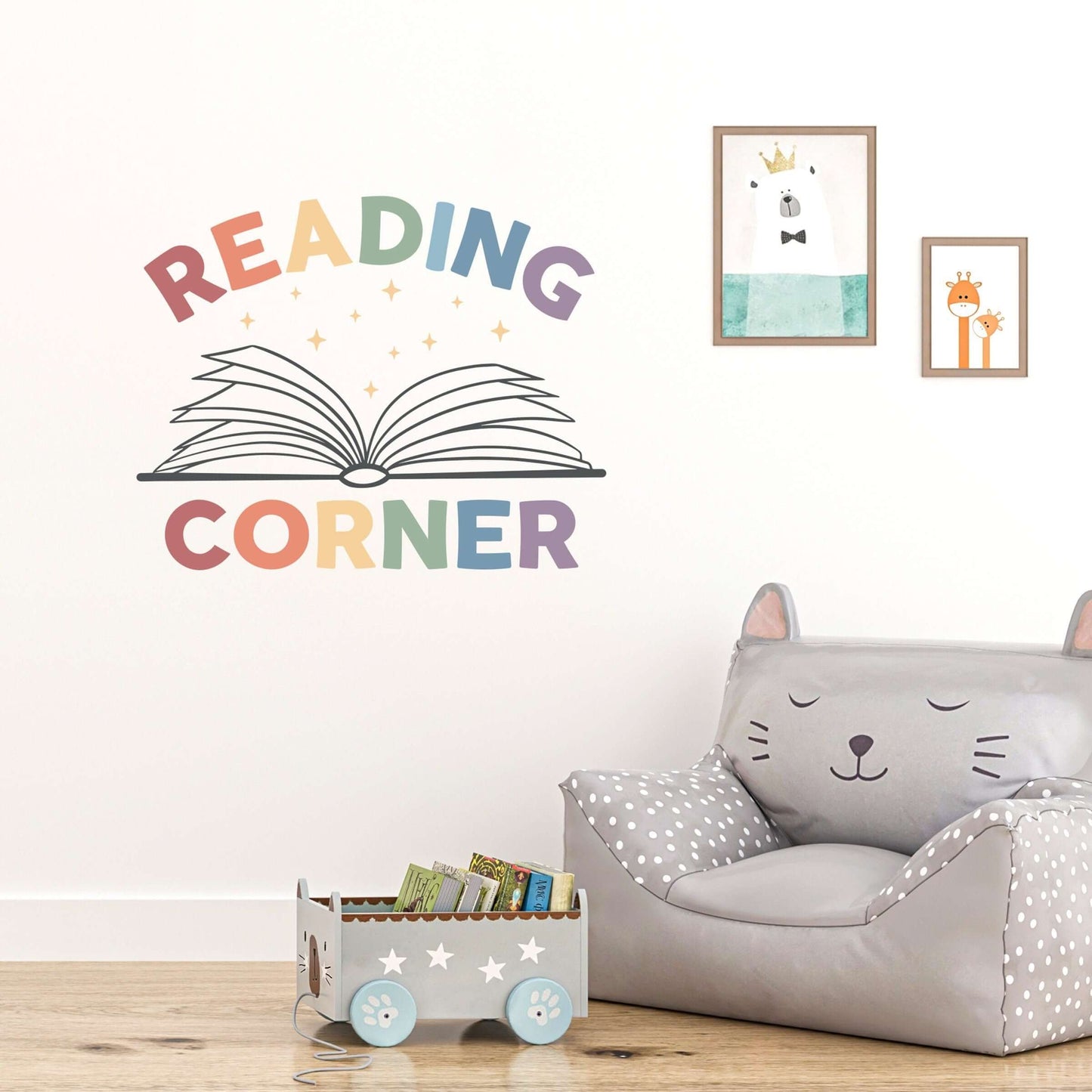 Reading Corner Wall Decal with Book graphic and stars. Muted Rainbow color scheme.