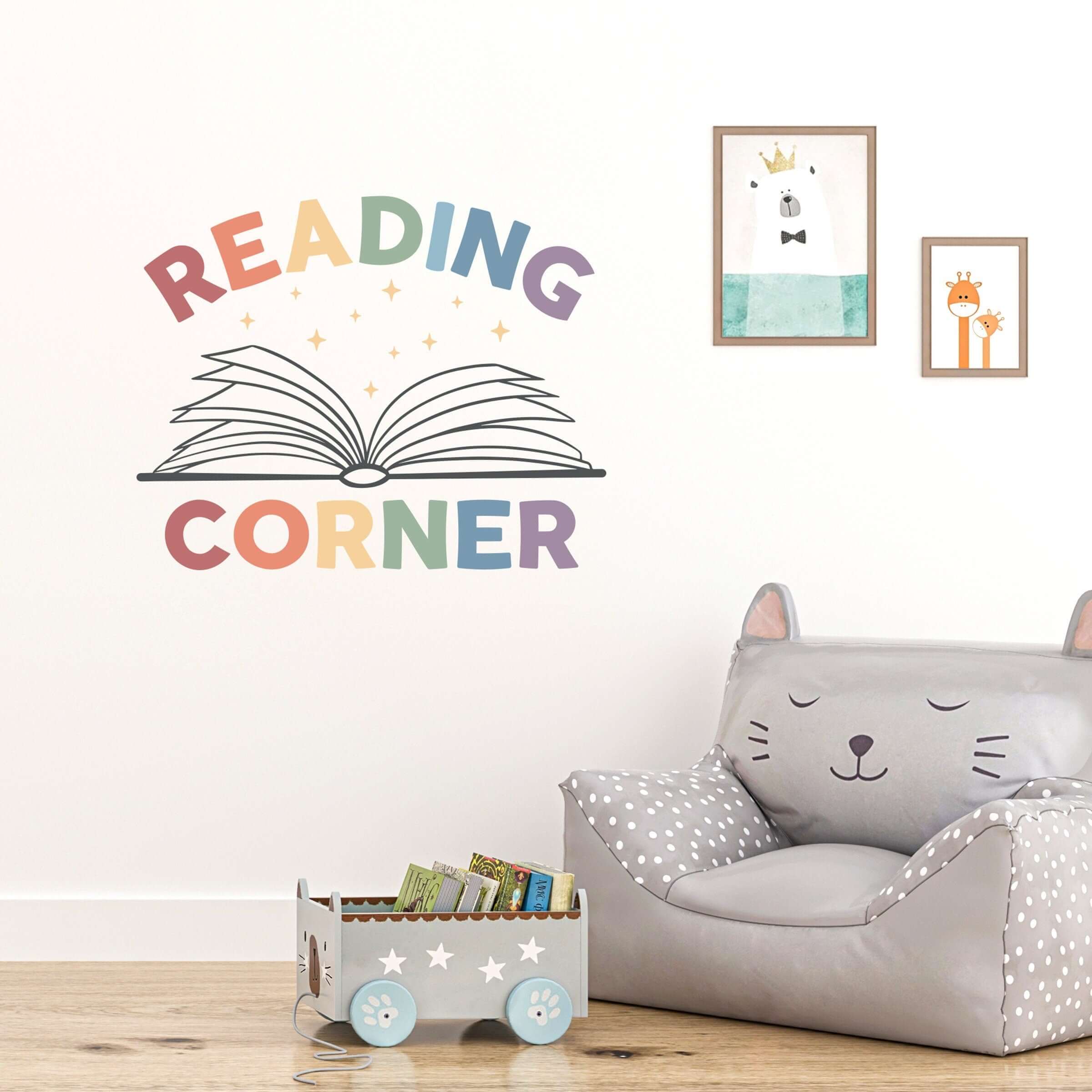 Reading Corner Wall Decal with Book graphic and stars. Muted Rainbow color scheme.