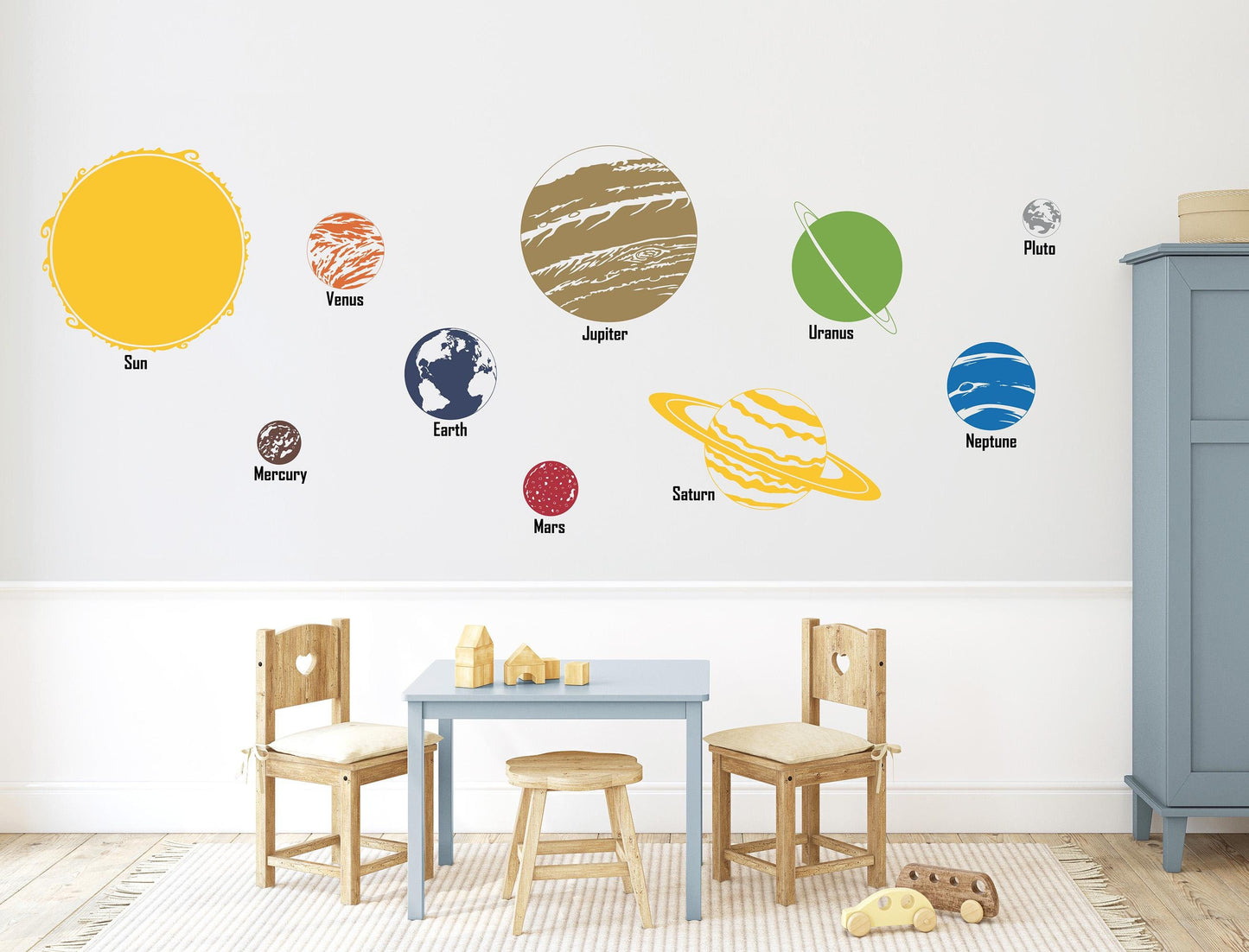 Solar System Wall Decal Set. Sun, planets and planet names.
