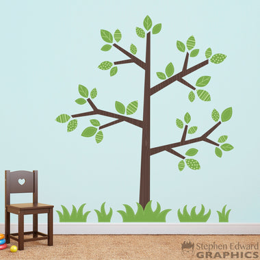 Tree with leaves and grass wall decal set.