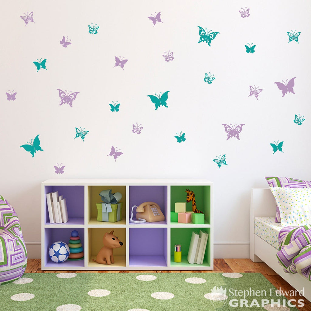 Butterfly decals. Set of 28 butterflies. Girl bedroom decor.