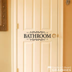 Bathroom Decal for door with scroll graphics above and below word.