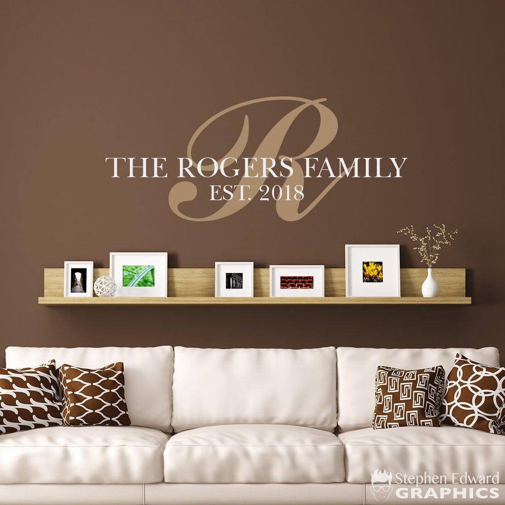 Initial, last name and established date wall decal.