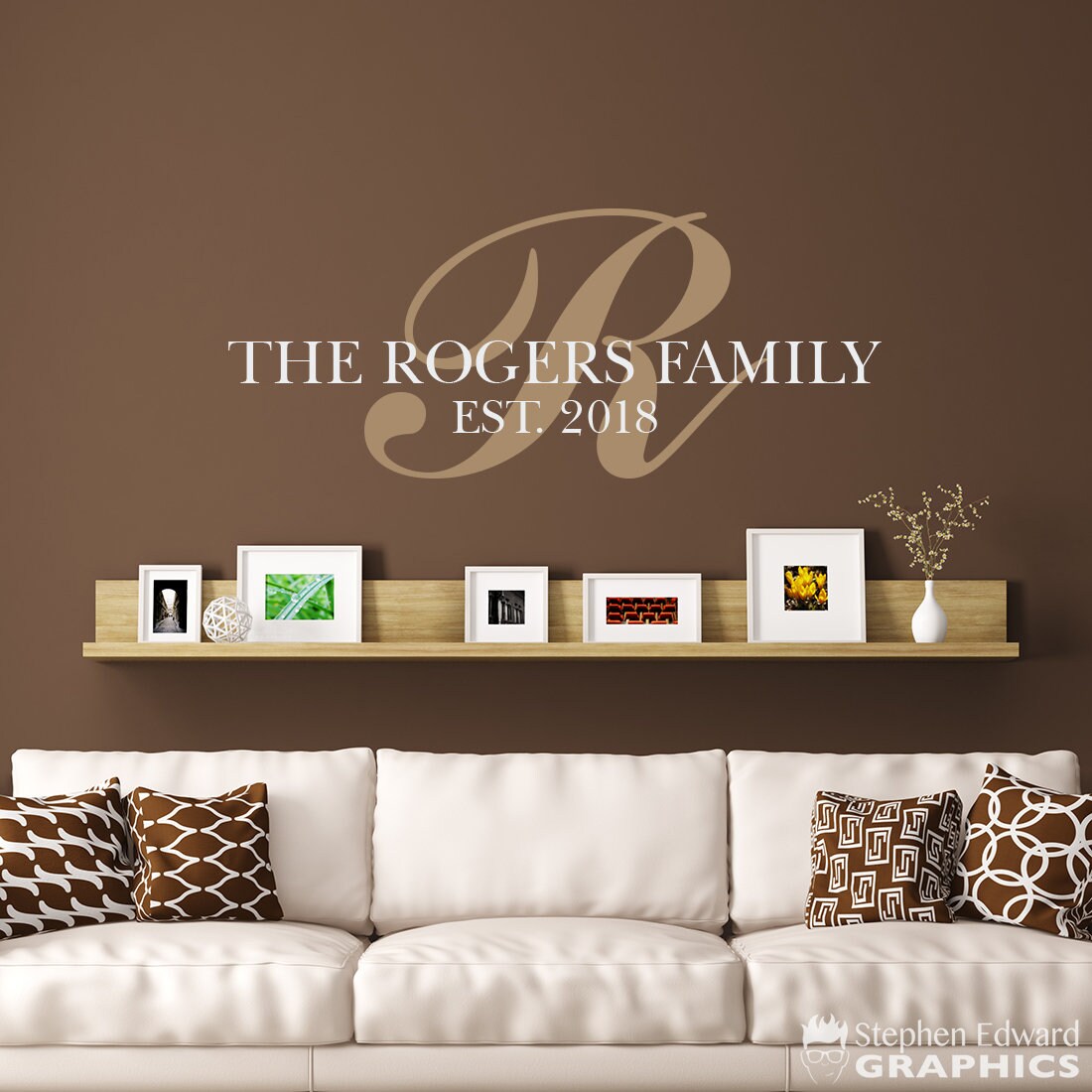 Initial, last name and established date wall decal.