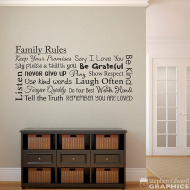 Family Rules Decal | Forgive Quickly Use Kind Words Say Please & Thank You | Living Room Wall Vinyl | Horizontal