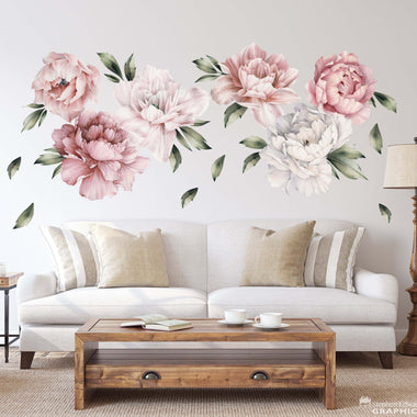 Peony Wall Decal Set. Dusty Pink & White Flowers in a watercolor style.