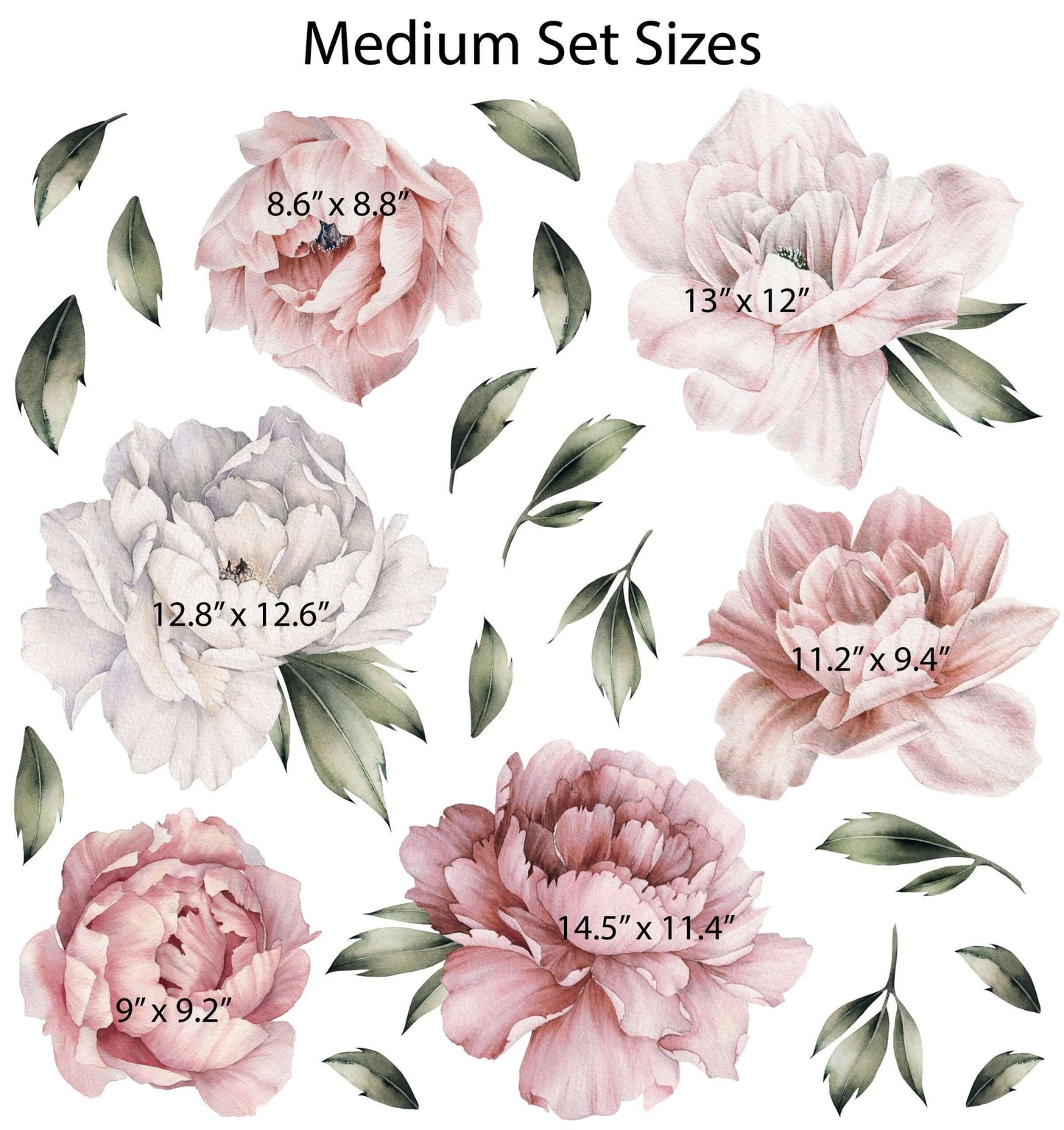 Peony Wall Decal Set - Watercolor Vinyl - Dusty Pink & White