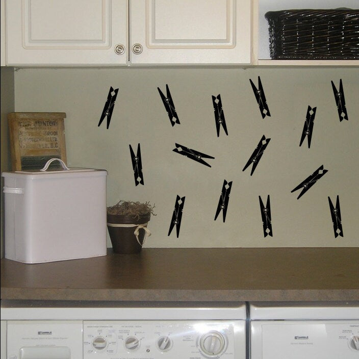 Clothespins Wall Decals - Set of 14 Clothes Pins - Laundry Wall Art - Laundry Room Decor
