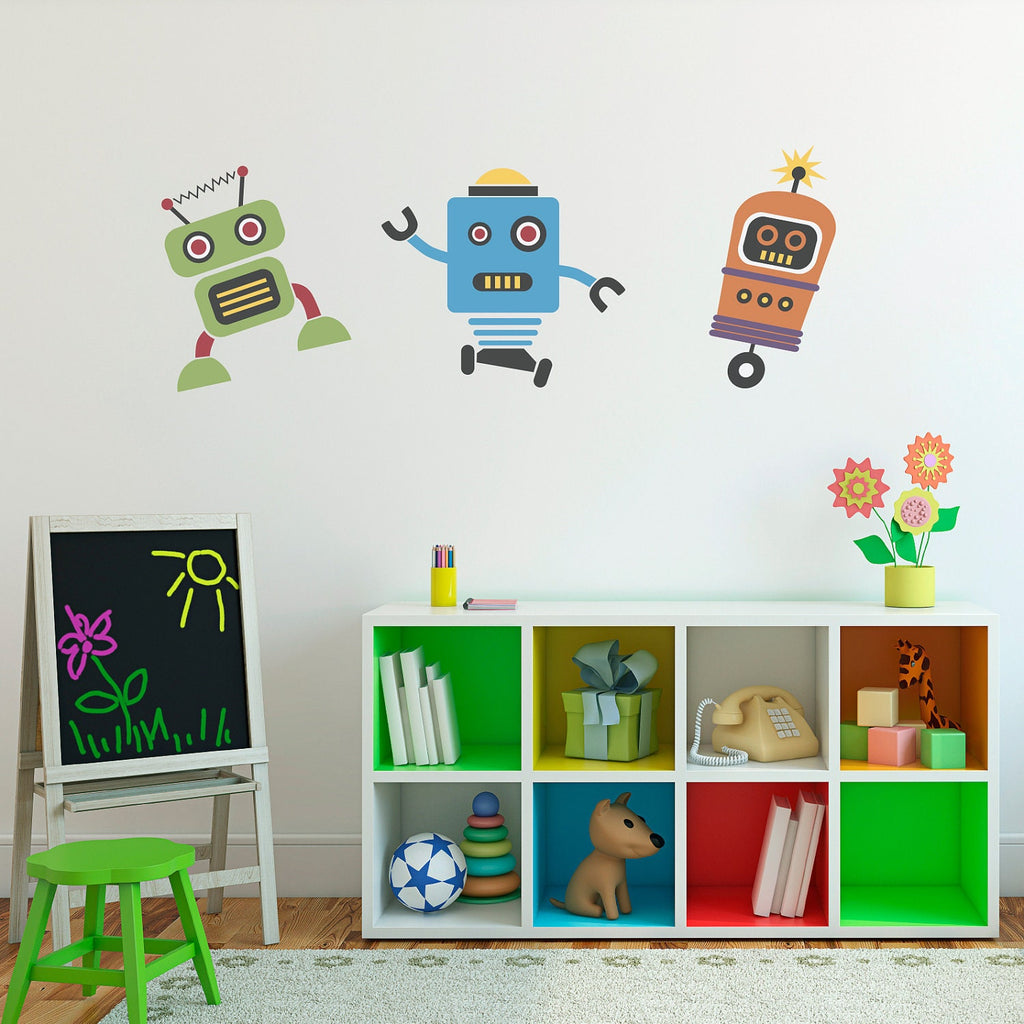 Cute Robots Decal - Group Vinyl Wall Art - Children Wall Decals