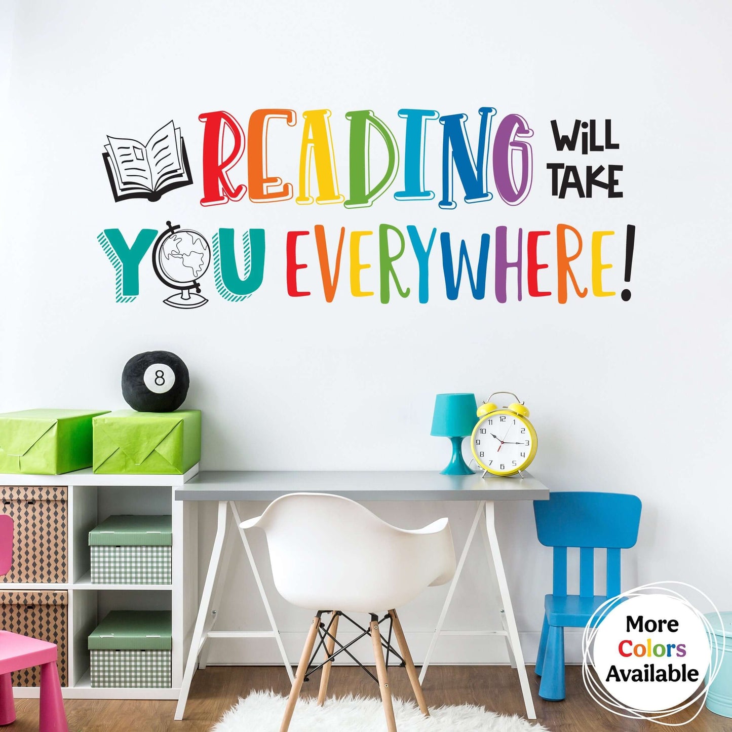 Reading Will Take You Everywhere Wall Decal | Inspirational Classroom Decor for Teachers and Kids | Rainbow colors includes a book and globe graphic