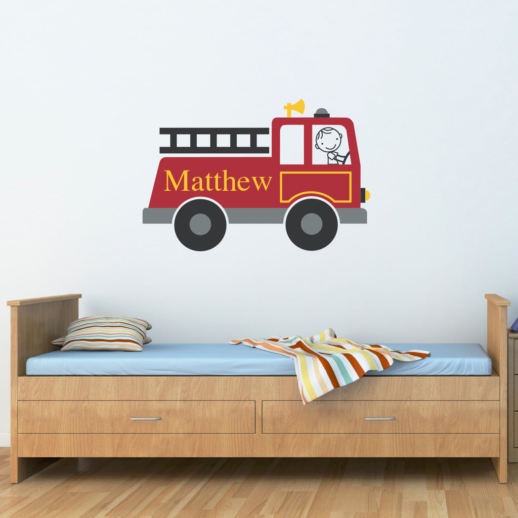 Firetruck Wall Decal Personalized | Boy Name Fireman Vinyl | Fire Truck Wall Sticker | Printed Decal