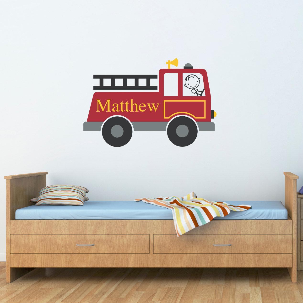 Firetruck Wall Decal Personalized | Boy Name Fireman Vinyl | Fire Truck Wall Sticker | Printed Decal