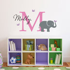 Personalized Elephant Decal set. Elephant, Birds, Initial & Name. Little Girl Decor.