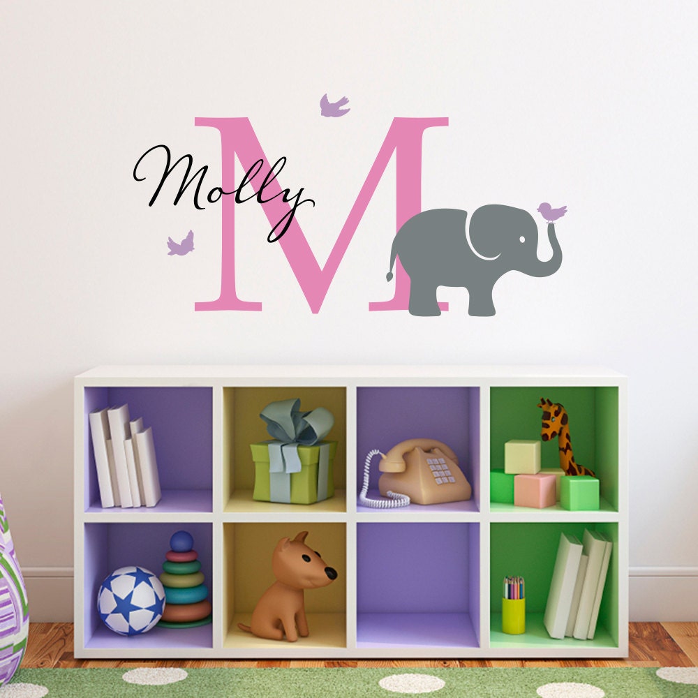 Personalized Elephant Decal set. Elephant, Birds, Initial & Name. Little Girl Decor.