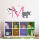 Personalized Elephant Decal set. Elephant, Birds, Initial & Name. Little Girl Decor.