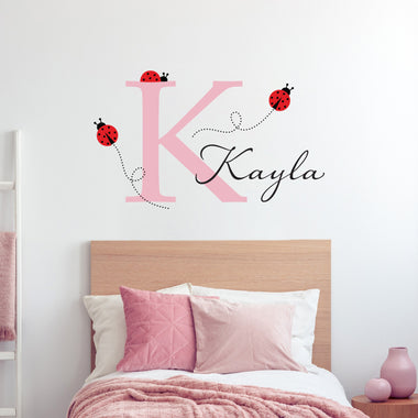 Initial Wall Decal with Ladybugs & Name - Personalized Girl Decal - Girl Bedroom Wall Art - Medium