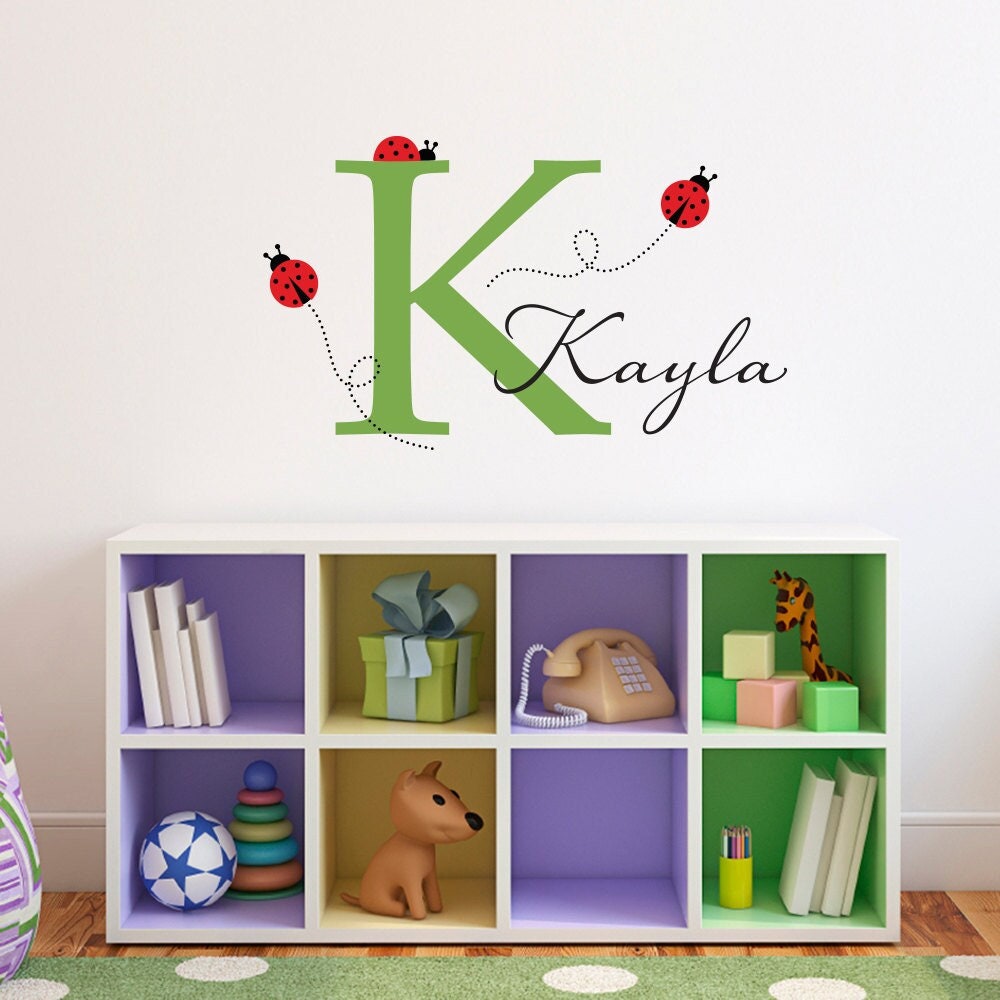 Initial Wall Decal with Ladybugs & Name - Personalized Girl Decal - Girl Bedroom Wall Art - Medium