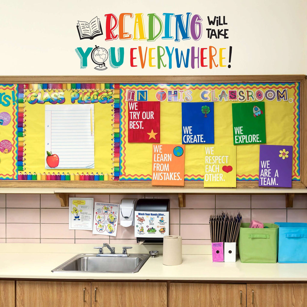 Reading Will Take You Everywhere Wall Decal | Inspirational Classroom Decor for Teachers and Kids | Motivational Quote Vinyl Sticker