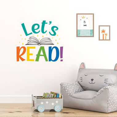 Let&#39;s Read Wall Decal. Book graphic with sparkle stars. Reading Wall Art.