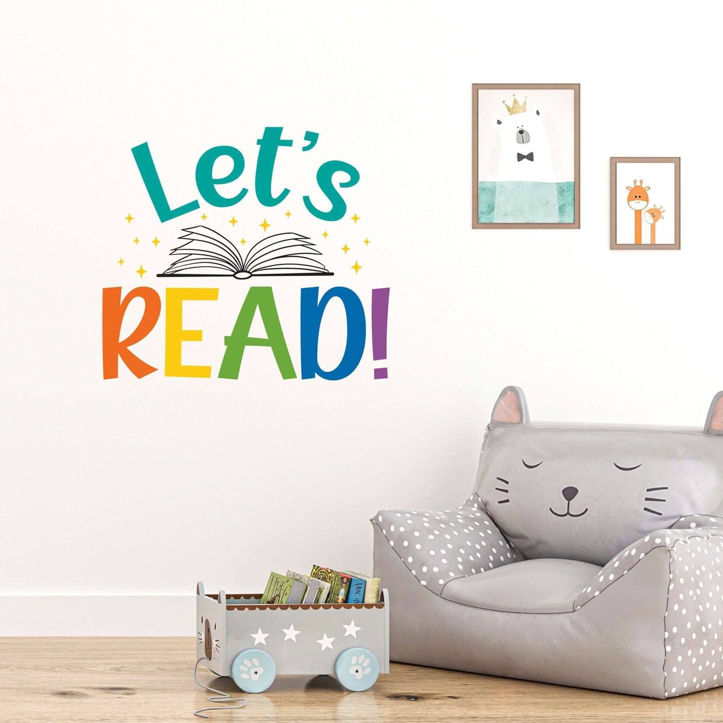 Let&#39;s Read Wall Decal. Book graphic with sparkle stars. Reading Wall Art.