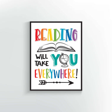 Reading will take you everywhere quote. Wall Poster or Print. Rainbow color. Book, globe and arrow graphics.