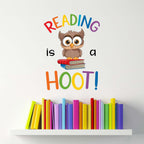 Reading is a Hoot! Wall Decal in Rainbow colored letters. Owl graphic. Classroom Decor. Library Wall Art.