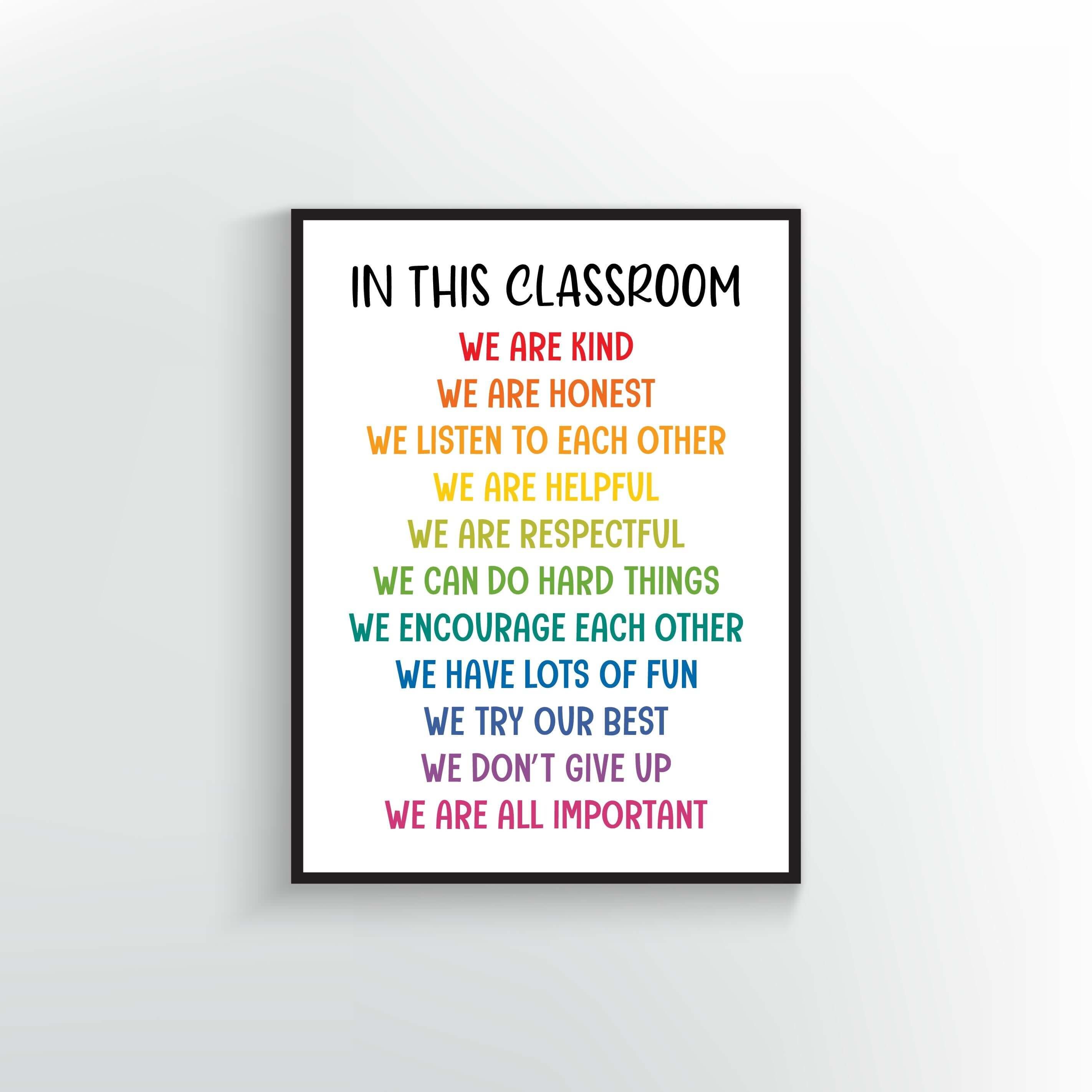 In this classroom poster. We are kind, we are respectful, we try our best, we are all important. Classroom decor.