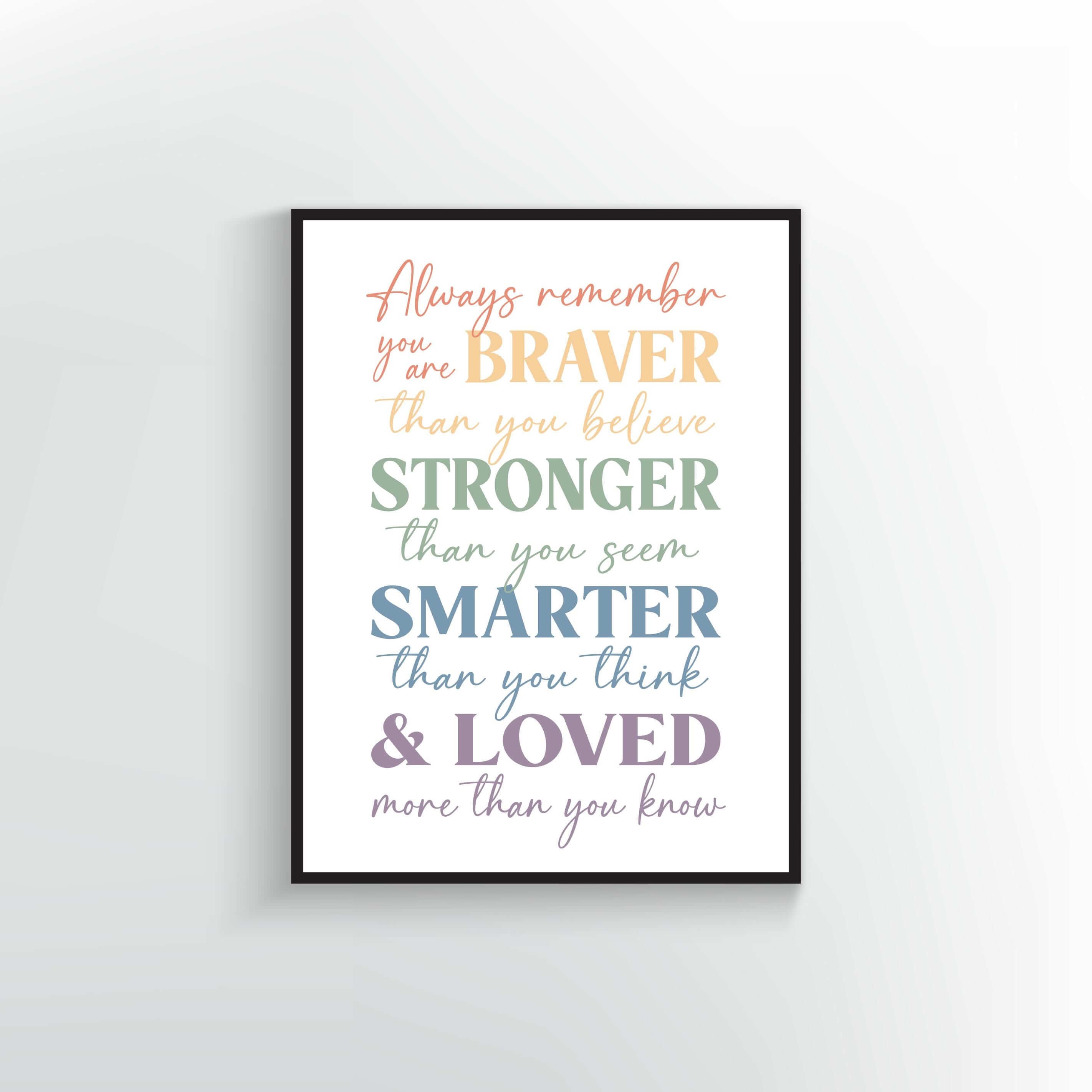 Always remember you are Braver than you believe Stronger than you seem Smarter than you think & Loved more than you know quote. Wall Print & Poster design. Children Wall Art. Muted Rainbow colors.