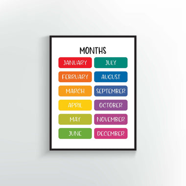 Months of the year poster or print. January thru December. Rainbow colors.