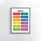 Months of the year poster or print. January thru December. Rainbow colors.
