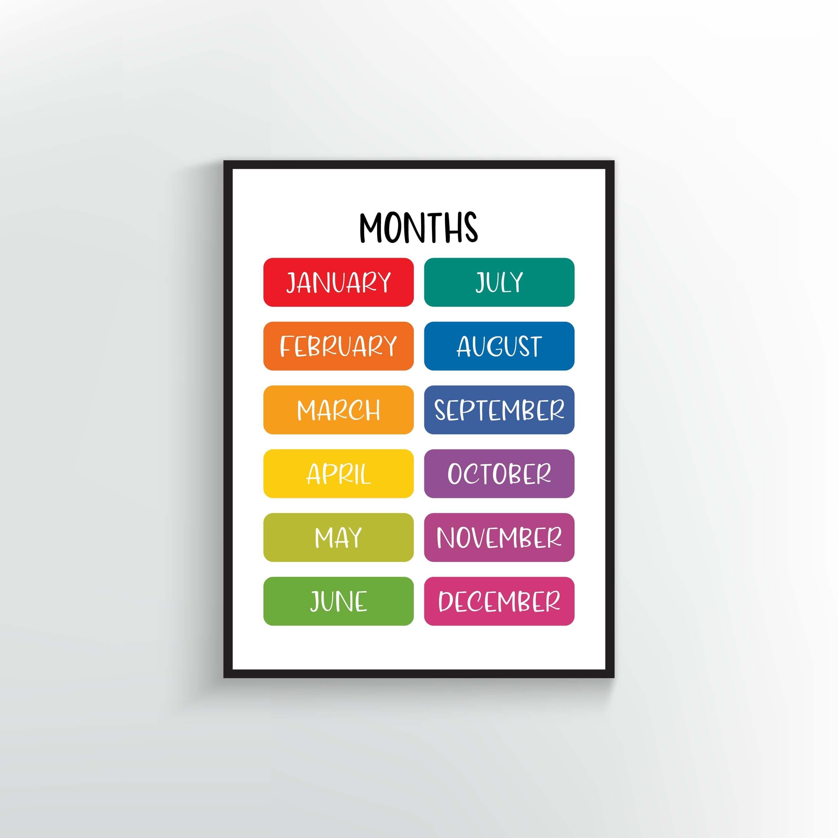 Months of the year poster or print. January thru December. Rainbow colors.