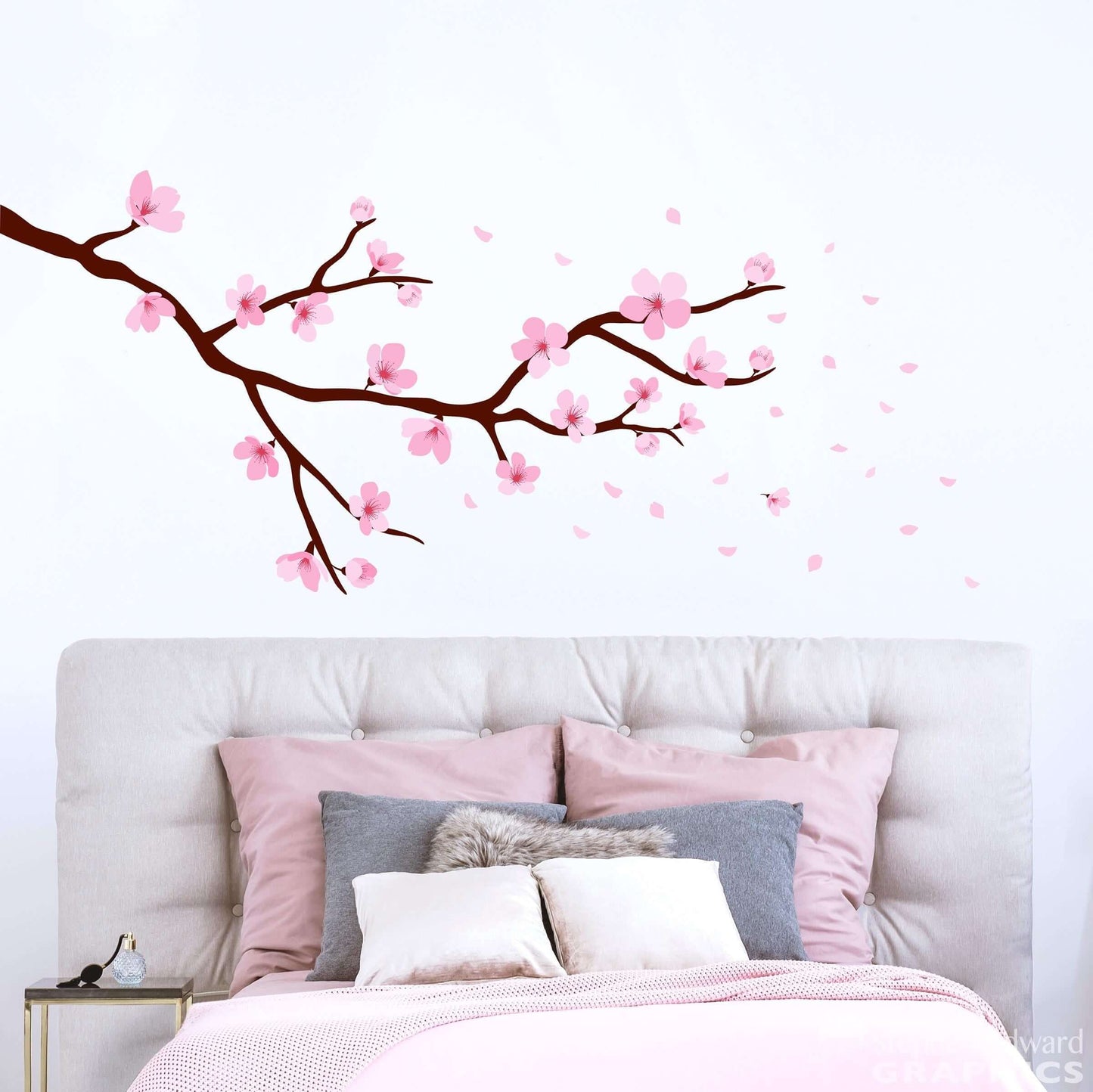 Cherry Blossom Branch with pink petals falling Wall Decal. Girl Bedroom Decor.
