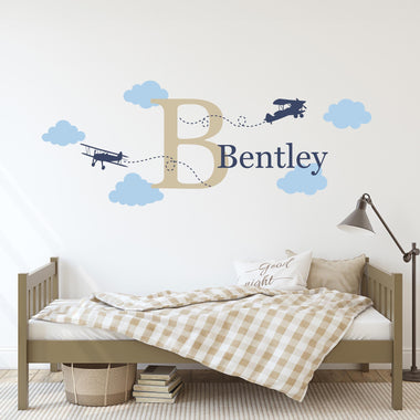 Personalized Airplane wall decal set. Planes, clouds, initial, name