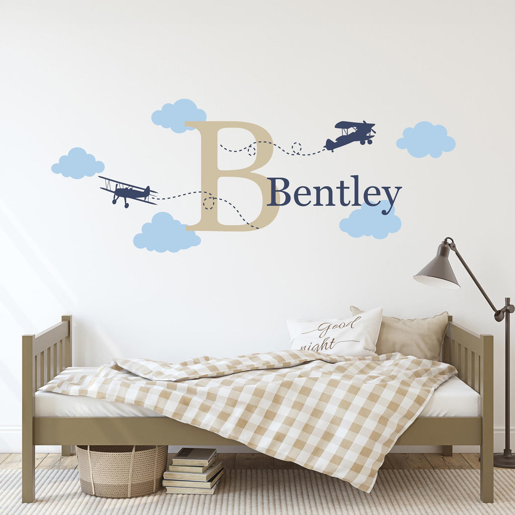 Personalized Airplane wall decal set. Planes, clouds, initial, name