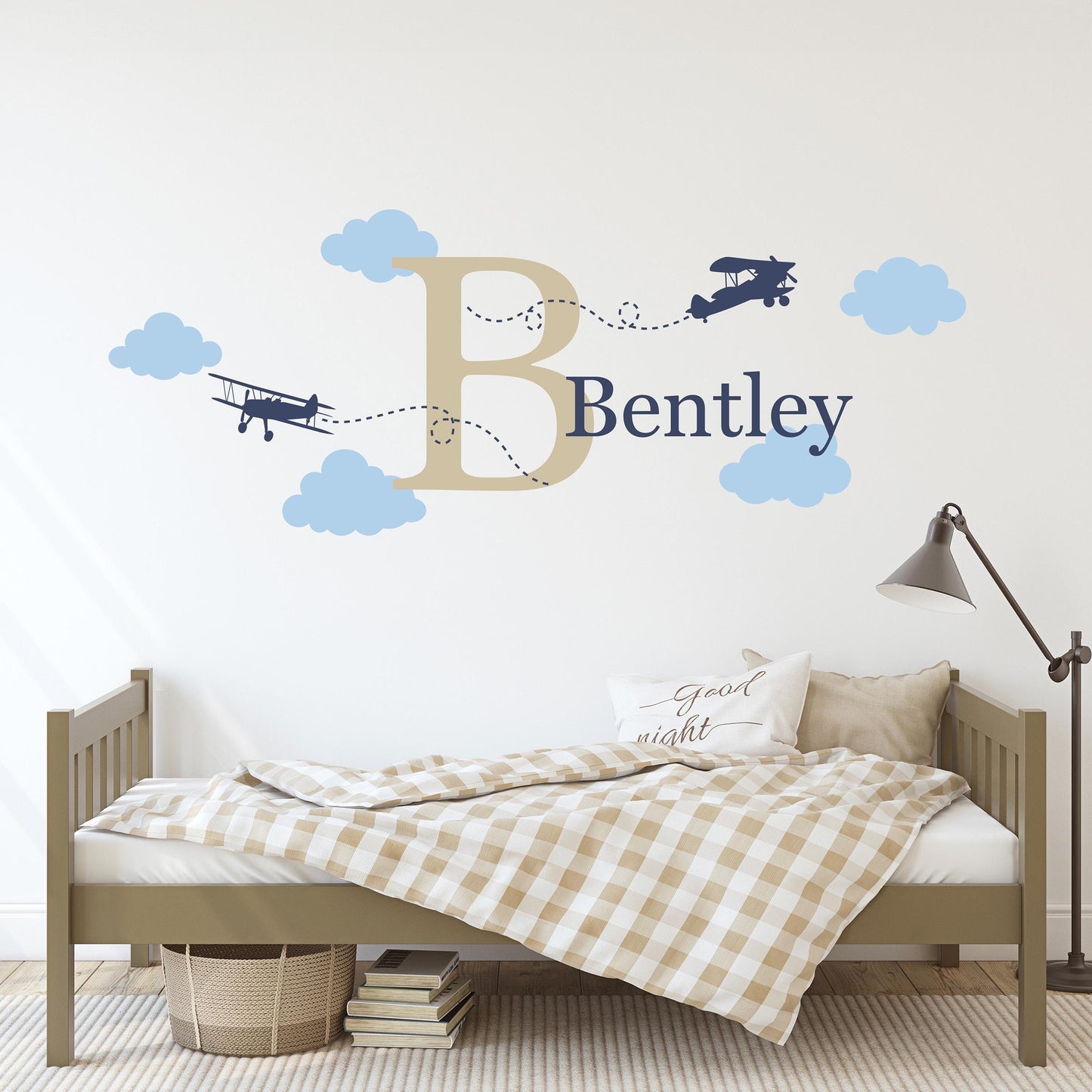 Personalized Airplane wall decal set. Planes, clouds, initial, name