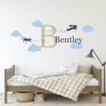 Personalized Airplane wall decal set. Planes, clouds, initial, name